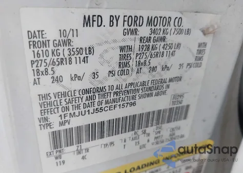 2012 Ford Expedition Xlt из США, поврежденный, VIN 1FMJU1J55CEF15796